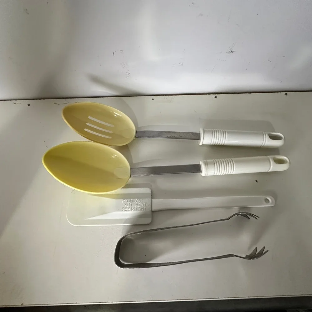 Vintage Kitchen Utensil Set Yellow Serving Spoons Spatula‎ Tongs Stainless Steel
